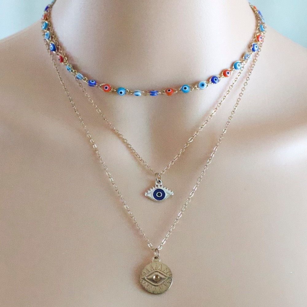 Gold‎ Layered Evil Eye Necklace Multi Color Enamel Charms Sunburst Coin Boho